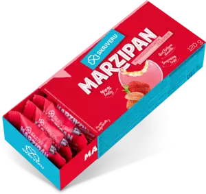 Marzipan in chocolate with strawberry flavour 120g