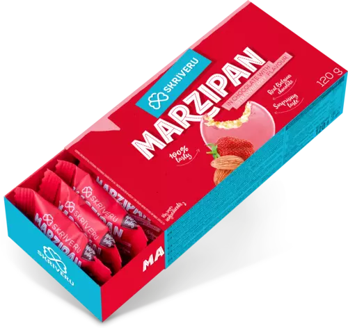 Marzipan in chocolate with strawberry flavour 120g