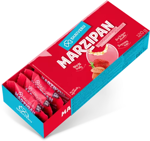 Marzipan in chocolate with strawberry flavour 120g
