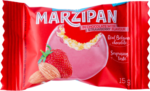 Marzipan in chocolate with strawberry flavour 15g